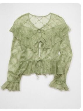 American Eagle Embroidered Tie-Front Mesh Blouse